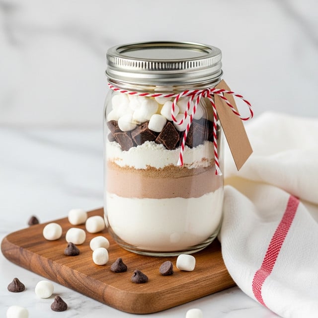 A clear glass jar with a silver metal lid is shown on a wooden board over a white marbled surface. Inside the jar, there are multiple layers: a bottom white powder layer, a middle light brown layer, a thin powdery white layer, and at the top small white marshmallows with some dark brown chunks visible under them. The jar has a red and white twisted string tied around its neck with a paper tag attached. Around the jar on the wooden board, there are a few scattered white mini marshmallows and dark brown chocolate chips. A white cloth with a red stripe is partially visible beside the jar. Photo taken with an iphone --ar 4:5 --v 7