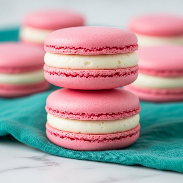 A close-up image showing a stack of three pink macarons placed on a teal cloth on a white marbled surface. Each macaron has two smooth, slightly glossy pink shells with a delicate texture on the edges, sandwiching a thick layer of creamy white filling in the middle. The macarons have a soft, rounded top shell and a rougher, ruffled edge around the filling, creating a clear distinction between the two textures. A hint of blurred macarons and soft light form the background, emphasizing the front stack. Photo taken with an iphone --ar 4:5 --v 7