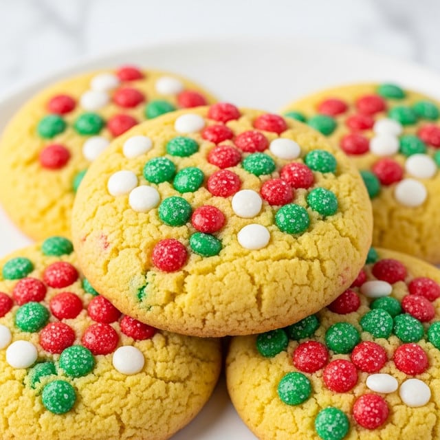 The image shows a close-up of several round cookies stacked on a white plate. Each cookie has a golden yellow base with a soft texture. The surface is covered with red, green, and white sugar sprinkles, giving a colorful, festive look. The cookies appear soft and slightly crumbly with the sprinkles sticking to the top and sides. The background is a white marbled texture. Photo taken with an iphone --ar 4:5 --v 7