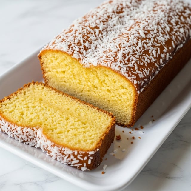 The image shows a close-up view of a soft yellow cake with a light golden crust on the edges, placed on a white rectangular tray. The cake has two visible layers: the bottom layer is a moist, dense-looking yellow cake with a slightly crumbly texture, and the top layer is a thin, shiny glaze covered with shredded white coconut flakes. One thick slice has been cut and lies partly separated from the main cake, revealing the inside texture clearly. The cake sits on a surface with a white marbled texture. photo taken with an iphone --ar 4:5 --v 7
