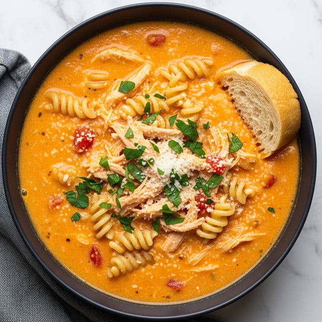 A deep bowl filled with creamy orange soup with visible chunks of shredded chicken and spiral pasta pieces floating on top. The soup has a smooth texture with small bits of diced tomatoes and herbs scattered throughout. There is a sprinkle of finely chopped green parsley and grated white cheese on the surface, adding contrast and texture. A slice of bread is partially dipped into the soup at the edge of the bowl. The bowl is placed on a grey cloth on a white marbled surface. Photo taken with an iphone --ar 4:5 --v 7