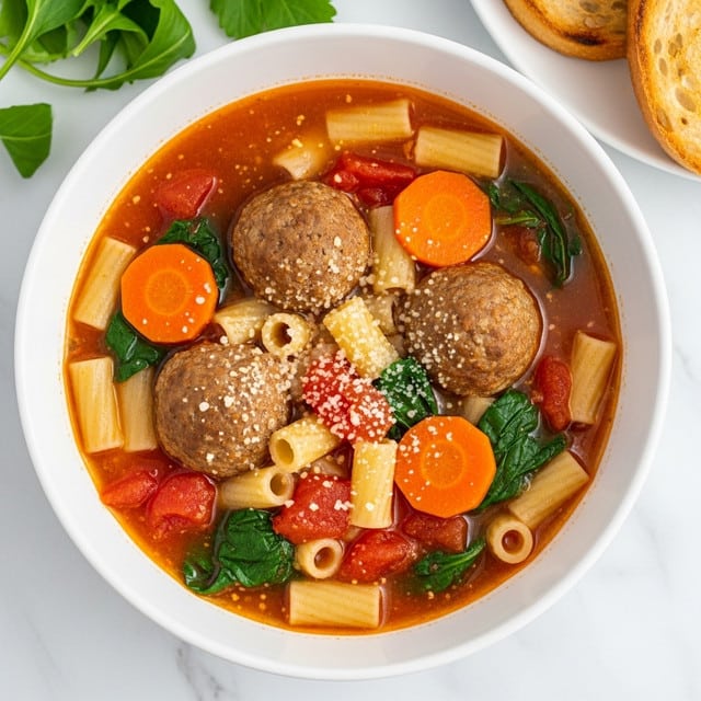 A white bowl filled with a thick soup showing three meatballs and small tube-shaped pasta floating in a rich, reddish-brown broth. Bright orange carrot slices, chunks of red tomato, and dark green spinach pieces are evenly mixed throughout. A light sprinkle of grated cheese tops the soup, adding a slightly granular texture. The bowl sits on a white marbled surface with some green leafy herbs on the upper left and a white plate with two slices of toasted bread on the upper right, partly in view. photo taken with an iphone --ar 4:5 --v 7