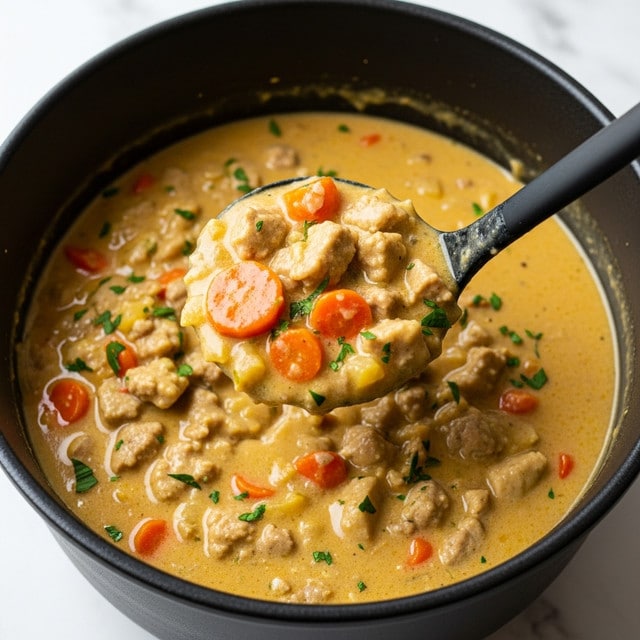 A close-up view of a thick, creamy stew with a yellowish color mixed with small pieces of beige meat, orange carrot bits, and light green herbs, served in a deep black pot. The stew looks rich and chunky with a smooth, glossy texture. A large black ladle holds a scoop of the stew above the pot, showing the dense mixture in detail. The background surface is a white marbled texture. photo taken with an iphone --ar 4:5 --v 7