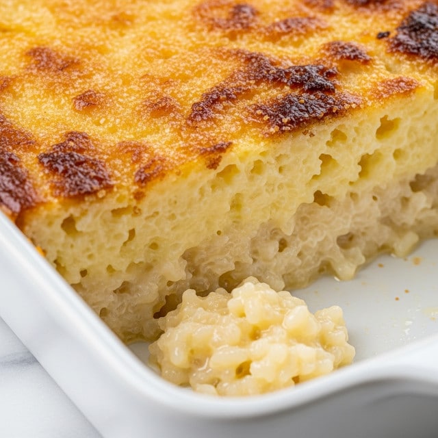 The image shows a close-up of a creamy baked rice pudding in a white rectangular dish. The dish has three visible layers: the top layer is a golden brown, slightly crispy crust with a caramelized texture, showing toasted sugar spots. Beneath it is a thick, soft, and moist middle layer of tender cooked rice grains suspended in a creamy custard, pale yellow in color. At the bottom, some of the creamy pudding is seen with individual tender rice grains, glistening with moisture. The dish is placed on a surface with a white marbled texture. photo taken with an iphone --ar 4:5 --v 7