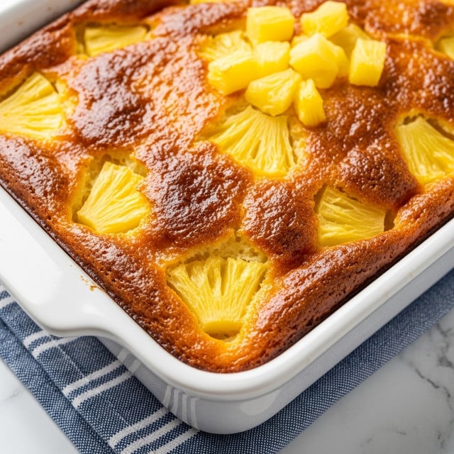 A close-up of a golden baked pineapple casserole in a white rectangular baking dish, showing a glossy, caramelized top layer with slightly browned edges and visible chunks of pineapple beneath. The casserole appears thick with a textured surface, with the pineapple pieces scattered near the top, adding a bright yellow contrast to the rich golden brown crust. The baking dish sits on a blue and white striped cloth, all on a white marbled textured surface. photo taken with an iphone --ar 4:5 --v 7