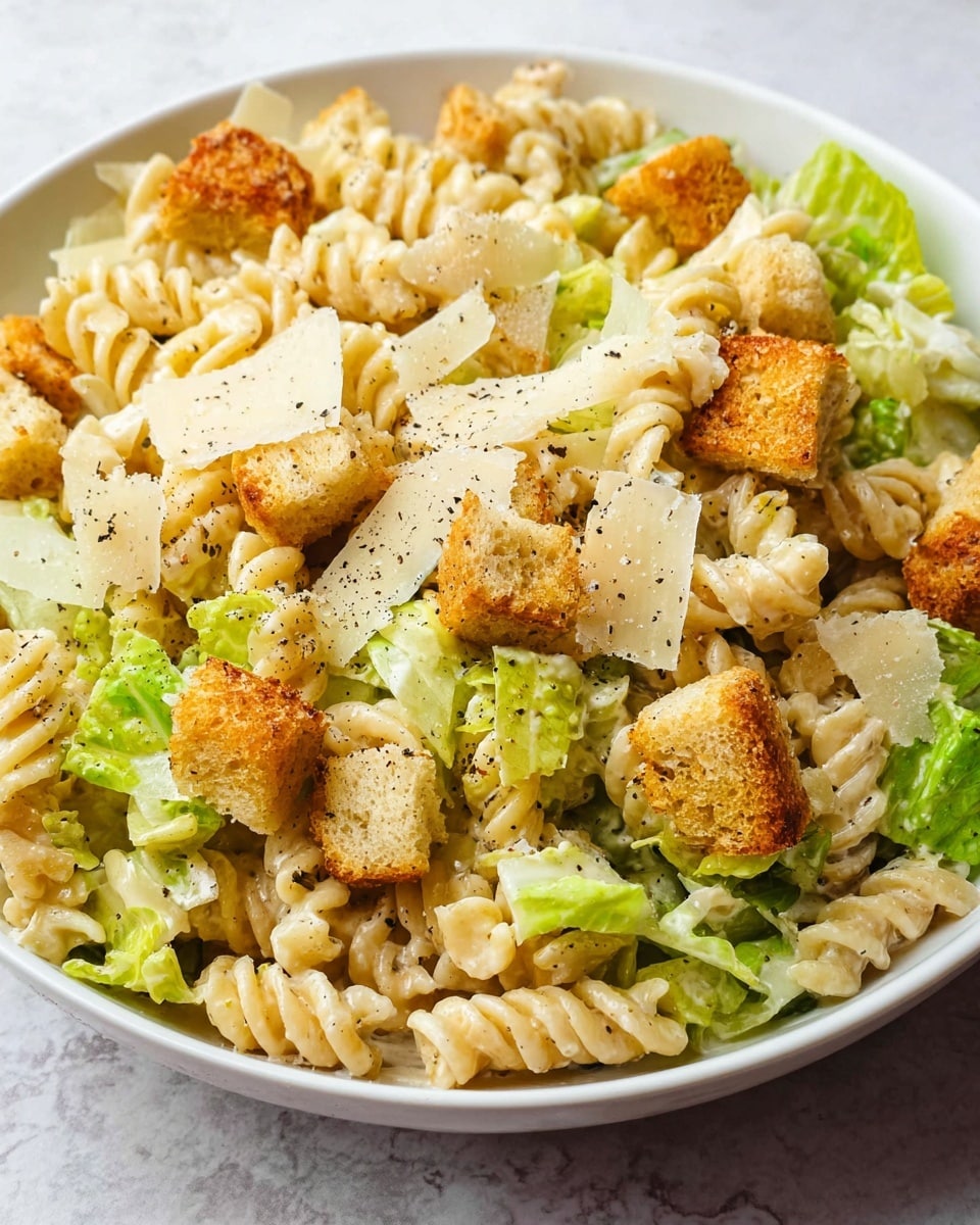 A white bowl shows a pasta salad with three layers visible: twisted pale yellow pasta as the base, scattered bright green romaine lettuce pieces on top, and golden brown croutons spread across. There are thin, creamy white sauce drizzles over the salad and small shavings of pale yellow cheese sprinkled evenly. A white utensil is placed on the right side inside the bowl. Nearby, a small white plate holds two lemon slices decorated with light purple flowers, and a glass jug with light beige dressing sits on a white marbled texture. Photo taken with an iphone --ar 4:5 --v 7