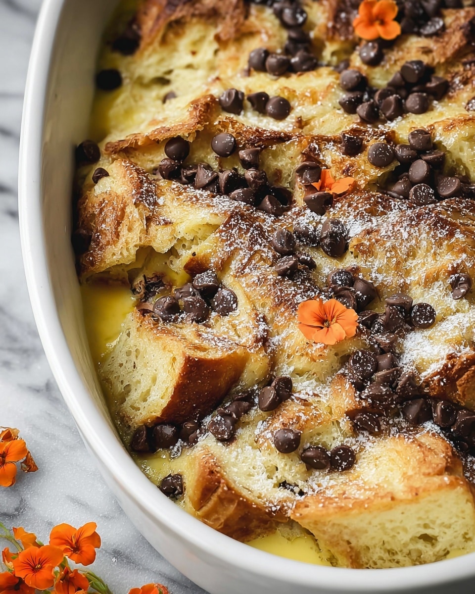 The image shows a white oval baking dish filled with a bread pudding that has a golden-brown top layer of baked bread slices arranged unevenly and overlapping. The bread pieces are slightly toasted with some edges darker, creating a crispy texture contrast against the soft, pale yellow custard base visible in some gaps. Scattered generously across the surface are dark brown chocolate chips, both melted and whole, adding texture and richness. A light dusting of fine white powdered sugar is sprinkled over the top, adding a delicate finish. Small orange edible flowers are placed for decoration on the surface of the pudding. The dish sits on a white marbled texture surface with a dark gray cloth near the bottom left and wooden scoops filled with chocolate chips in the upper right corner. Photo taken with an iphone --ar 4:5 --v 7