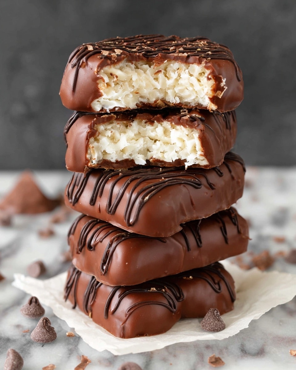 The image shows a stack of five chocolate-covered treats with a rich, smooth dark brown outer layer decorated with thin chocolate drizzle lines on the top and sides. The top two treats are cut in half, showing the inside which reveals a thick, creamy white filling with a slightly crumbly texture. The layers are clearly visible with the dark chocolate coating surrounding and holding the dense white center. The treats are stacked one on top of the other against a dark background with a white marbled texture beneath, emphasizing the contrast of the chocolate and creamy filling. photo taken with an iphone --ar 4:5 --v 7