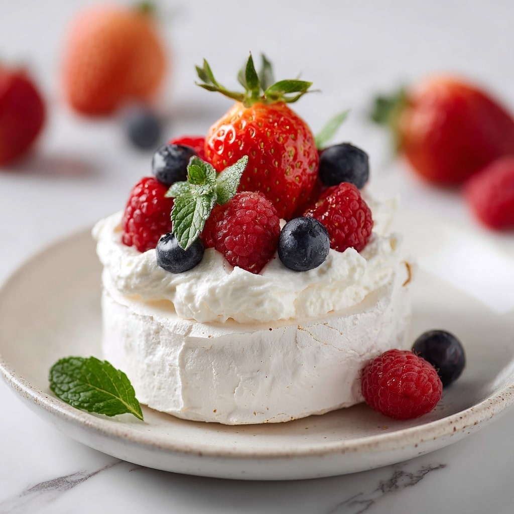 The image shows a small pavlova dessert with three main layers: the bottom layer is a round white meringue base with a smooth but slightly cracked texture, the middle layer is a fluffy white whipped cream piled softly on top, and the top layer includes fresh red strawberries with visible seeds and green stems, dark blue blueberries with a smooth surface, bright red raspberries with a bumpy texture, and a fresh green mint leaf adding color contrast. The dessert sits on a white plate with a glossy finish, placed on a white marbled surface with other raspberries blurred in the background. Photo taken with an iphone --ar 4:5 --v 7