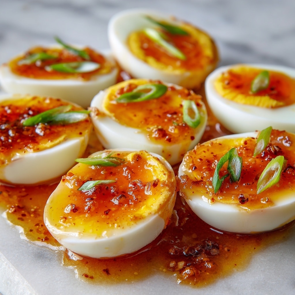 The image shows a close-up view of several halved hard-boiled eggs arranged closely together. Each egg has a smooth white outer layer and a bright yellow yolk center that is coated with a glossy, rich-looking orange sauce, which appears slightly thick and textured with small bits in it. Thin slices of green onion are placed on top of the yolk and scattered around the sauce, adding a fresh contrast in color. The eggs and sauce rest on a surface with more sauce pooling around them, creating a shiny, flavorful look. The whole scene is set against a white marbled texture. photo taken with an iphone --ar 4:5 --v 7