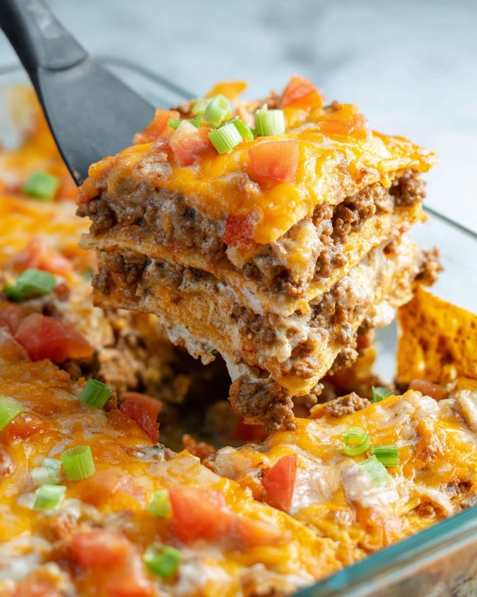 A close-up view of a layered casserole being scooped with a black spatula, showing multiple layers starting with a base of golden, crunchy chips, followed by a creamy mixture of browned ground beef and diced tomatoes, topped with melted, slightly browned shredded cheese and small green onion pieces scattered on top. The dish is in a clear glass container set on a white marbled texture surface. The melted cheese layer shines with an orange-yellow color, blending with the chips and beef beneath. Photo taken with an iphone --ar 4:5 --v 7