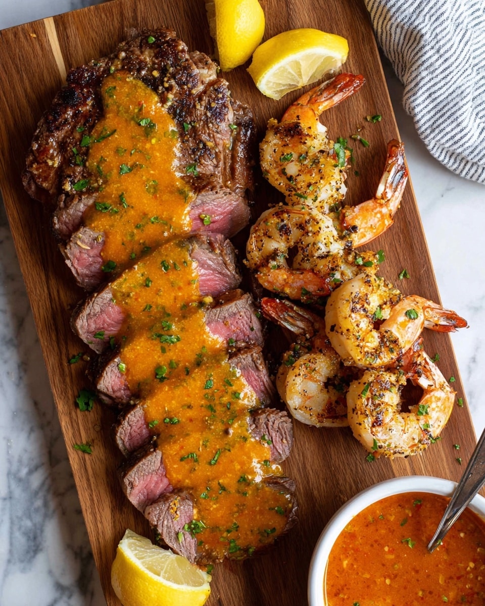 A wooden board holds sliced medium-rare steak on the left side, topped with a chunky orange sauce with green herbs. On the right side, there are four grilled shrimp with a reddish-brown seasoning and herbs. Around the board, there are four lemon wedges, one large wedge near the top left, two wedges near the bottom right, and one wedge at the top right corner. A white bowl with reddish sauce and a spoon sits at the bottom right corner. The scene is set on a white marbled surface with a striped cloth partially visible at the top and right edges. photo taken with an iphone --ar 4:5 --v 7