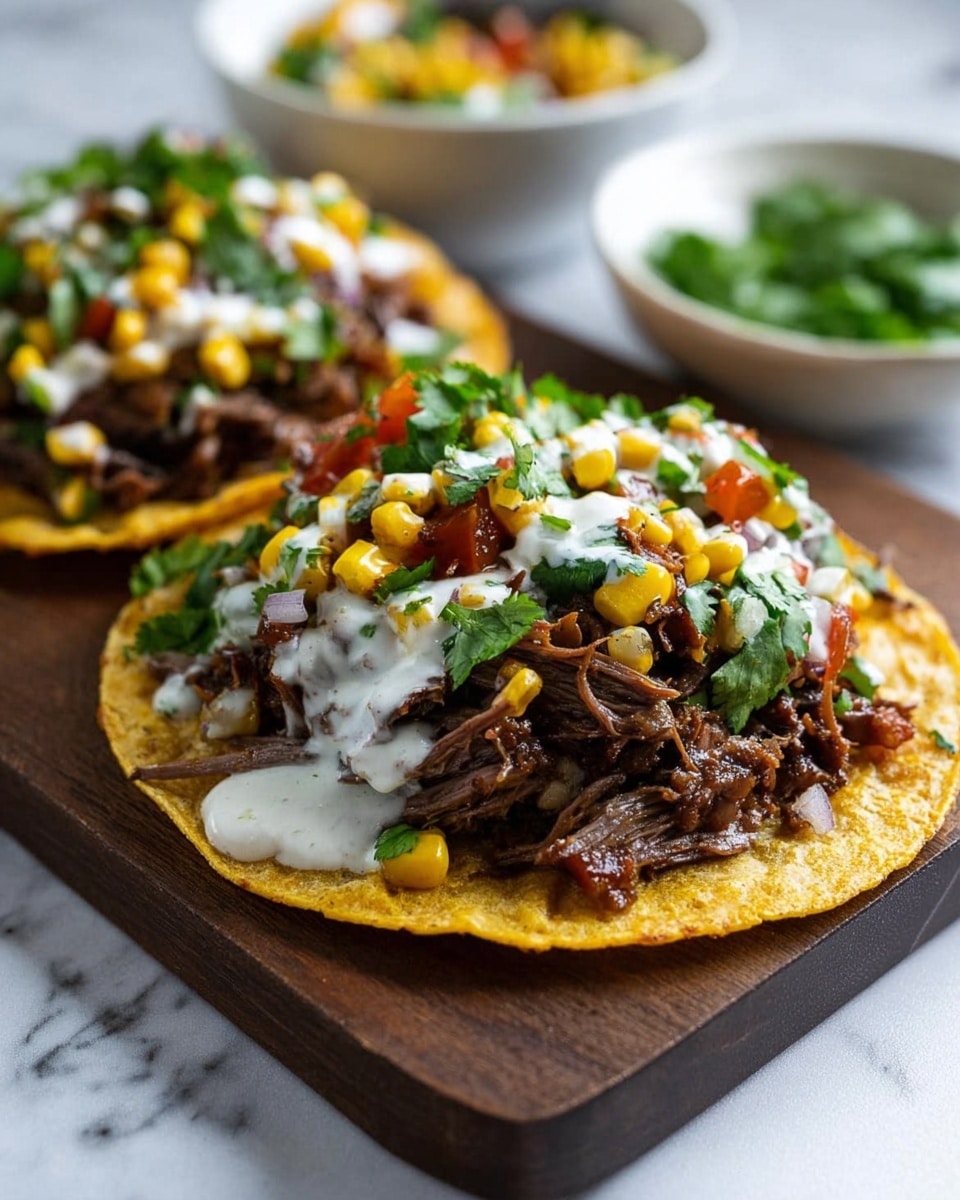 A double tostada serves as the base layer, golden yellow with a crisp texture, topped with a generous layer of shredded dark brown beef that looks tender and juicy. Over the meat is a fresh mix of colorful corn kernels, bright green cilantro leaves, small diced green peppers, red onion, and red pepper bits, adding vibrant splashes of yellow, green, white, and red. A creamy white sauce is drizzled over the top, adding contrast and moisture. The dish rests on a wooden board with blurred bowls of green herbs and corn salad in the background on a white marbled surface. photo taken with an iphone --ar 4:5 --v 7