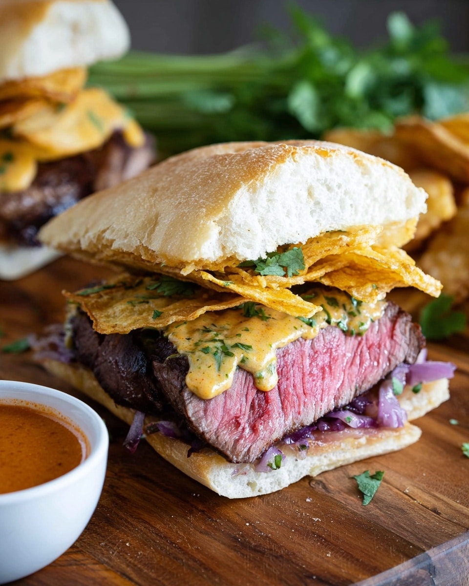 The sandwich has a white, soft bun with a slightly crispy texture on top. Inside, there is a thick slice of cooked steak with a pink center and a dark brown crust, resting above a layer of cooked purple onions. On top of the steak, there are golden brown fried strips and a dollop of green herb sauce mixed with a creamy orange sauce. The sandwich is placed on a wood board with a white bowl of orange sauce in the background on a white marbled surface. Photo taken with an iphone --ar 4:5 --v 7