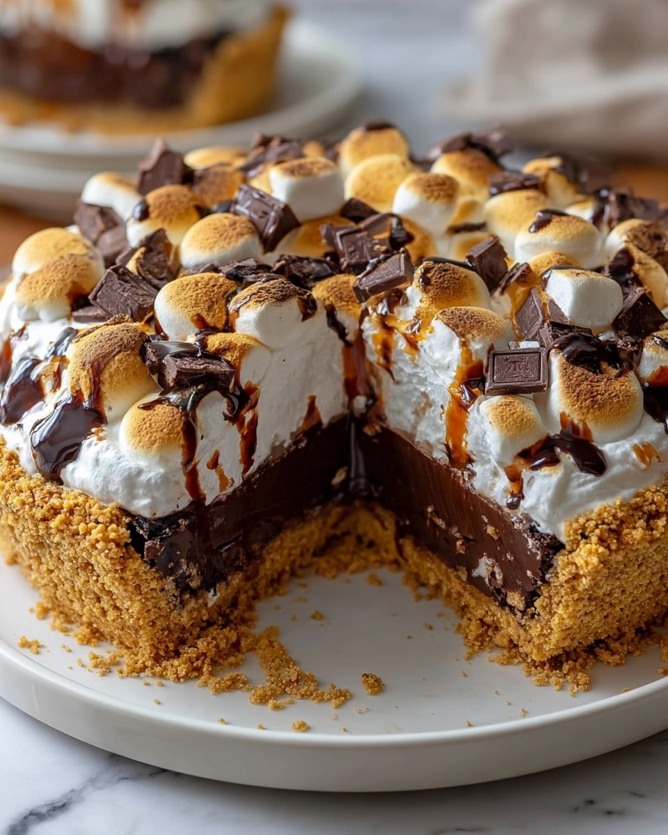 A round pie with three clear layers is shown on a white plate with some loose crumbs around it, all placed on a white marbled surface. The bottom layer is a crushed golden graham cracker crust, thick and crumbly. The middle layer is a rich dark chocolate filling with a shiny, slightly sticky texture, appearing dense and soft. The top layer is a fluffy white marshmallow cream spread thickly, with smooth peaks and valleys. On top of the marshmallow layer, there are pieces of toasted golden brown marshmallows and dark chocolate chunks scattered. A dark chocolate drizzle flows down the sides, mixing with the marshmallow layer. The whole pie looks creamy, crunchy, and gooey. photo taken with an iphone --ar 4:5 --v 7