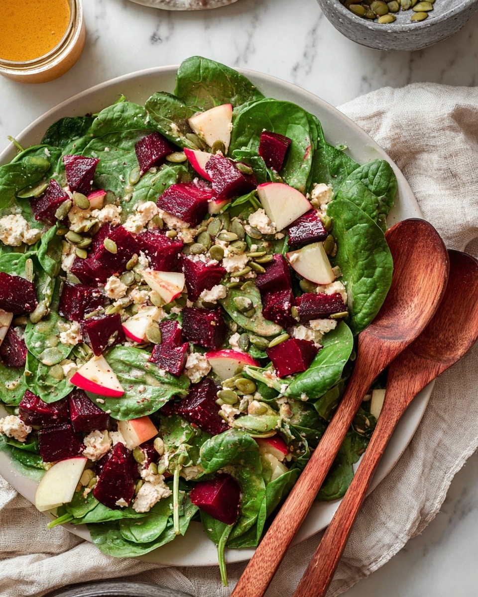 A white plate filled with a fresh salad showing layers of dark green spinach leaves covering the bottom, topped with deep red roasted beet cubes scattered evenly. On top of that, small creamy beige crumbles are spread throughout, with light green pumpkin seeds sprinkled over all. Small cubes of red and white apple pieces are mixed into the salad. Two wooden utensils rest on the right side of the plate, placed on a white marbled surface with a light beige cloth nearby. A glimpse of a gray bowl and a small jar with orange dressing can also be seen in the background. Photo taken with an iphone --ar 4:5 --v 7