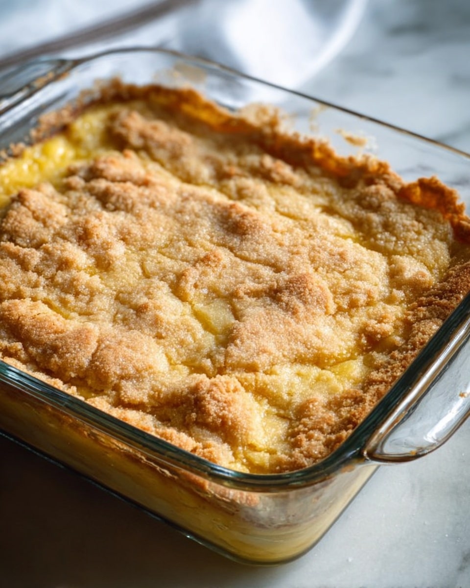 The dish shows a close-up view of a baked dessert in a clear glass dish with three visible layers. The top layer is crumbly and golden brown with a rough texture. The middle layer is a thick yellow filling that looks smooth and gooey, oozing out slightly. The bottom layer is a pale white creamy base, soft and smooth in texture. The dessert is set on a white marbled surface. Photo taken with an iphone --ar 4:5 --v 7