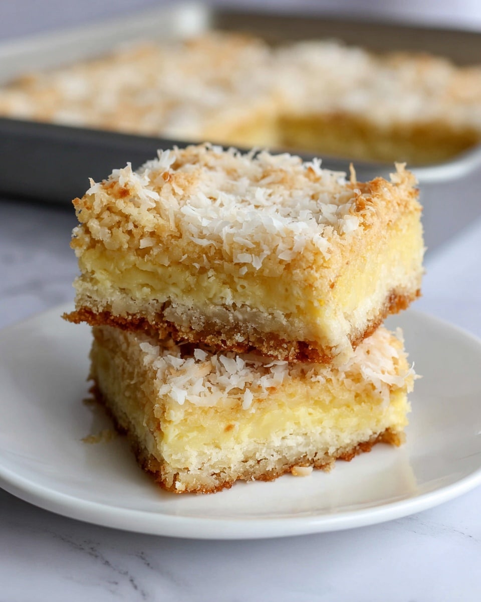 A close-up of two square pieces of coconut bars stacked on a white plate, each bar showing three layers: a light golden brown crust at the bottom, a thick creamy yellowish middle layer with visible shredded coconut, and a top layer covered in moist, fluffy shredded coconut with a slightly toasted edge. The white plate sits on a white marbled texture surface, and a baking pan with more bars is blurred in the background. Photo taken with an iphone --ar 4:5 --v 7