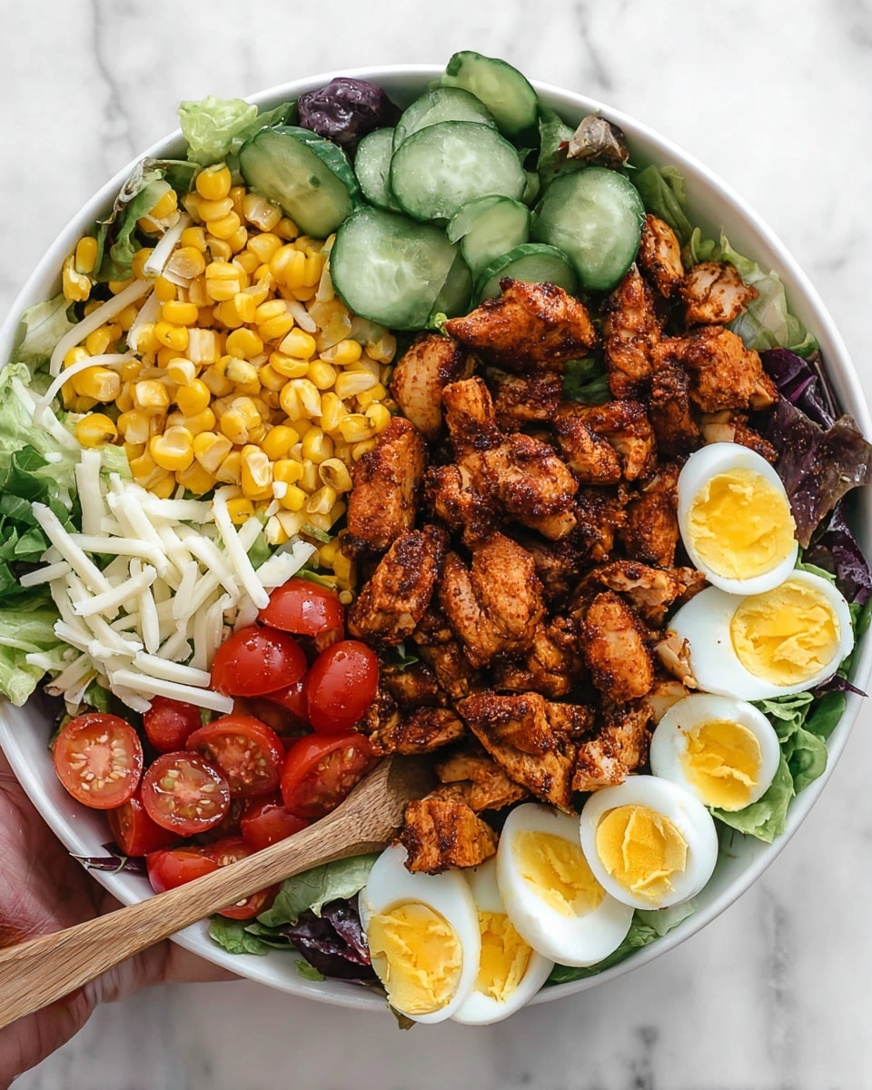 A large white bowl filled with a fresh salad starts with a base of mixed green leaves, including spinach and arugula, creating a vibrant green texture. On top of the greens, there are halved cherry tomatoes in red, slices of cucumber in light green, and pieces of yellow corn scattered throughout. Several chunks of seasoned reddish-brown grilled chicken are placed on the salad, adding a rich, cooked texture. There are also halves of hard-boiled eggs, showing bright yellow yolks and white edges. A creamy white dressing is drizzled over the top, adding contrast and a smooth texture. The bowl is set on a white marbled surface with a metal fork inside and a cup of extra creamy dressing nearby. Photo taken with an iphone --ar 4:5 --v 7