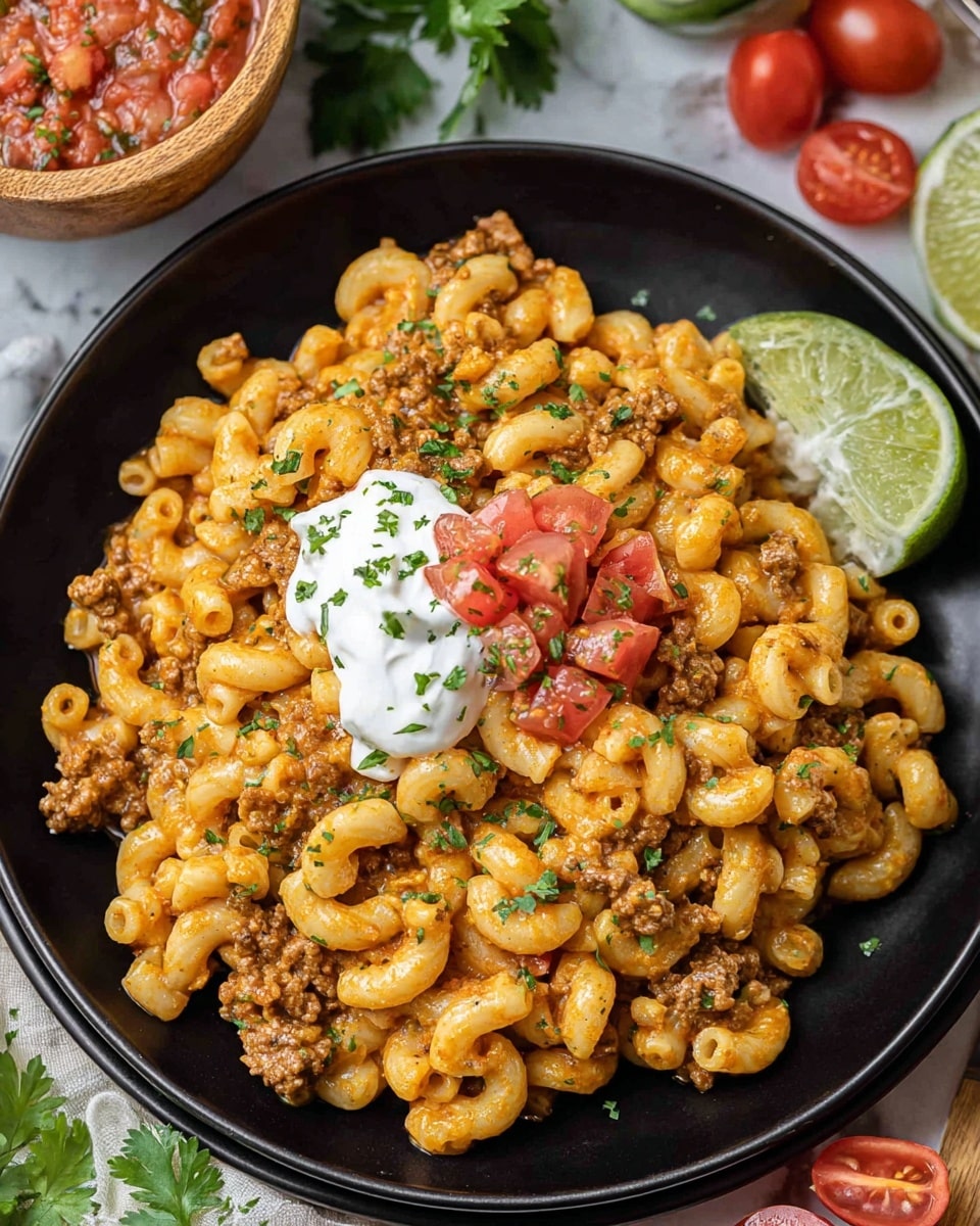The dish shows two white bowls filled with creamy pasta, each bowl stacked with three layers: the bottom layer of curly, orange cheese-coated pasta, the middle layer mixed with brown ground meat, and the top layer sprinkled with small red tomato pieces and green herb bits. The pasta shines with sauce, giving it a soft and moist texture. Around the bowls, sliced cherry tomatoes are scattered on a white marbled surface, with a wooden bowl containing some red sauce blurred in the background. Photo taken with an iphone --ar 4:5 --v 7