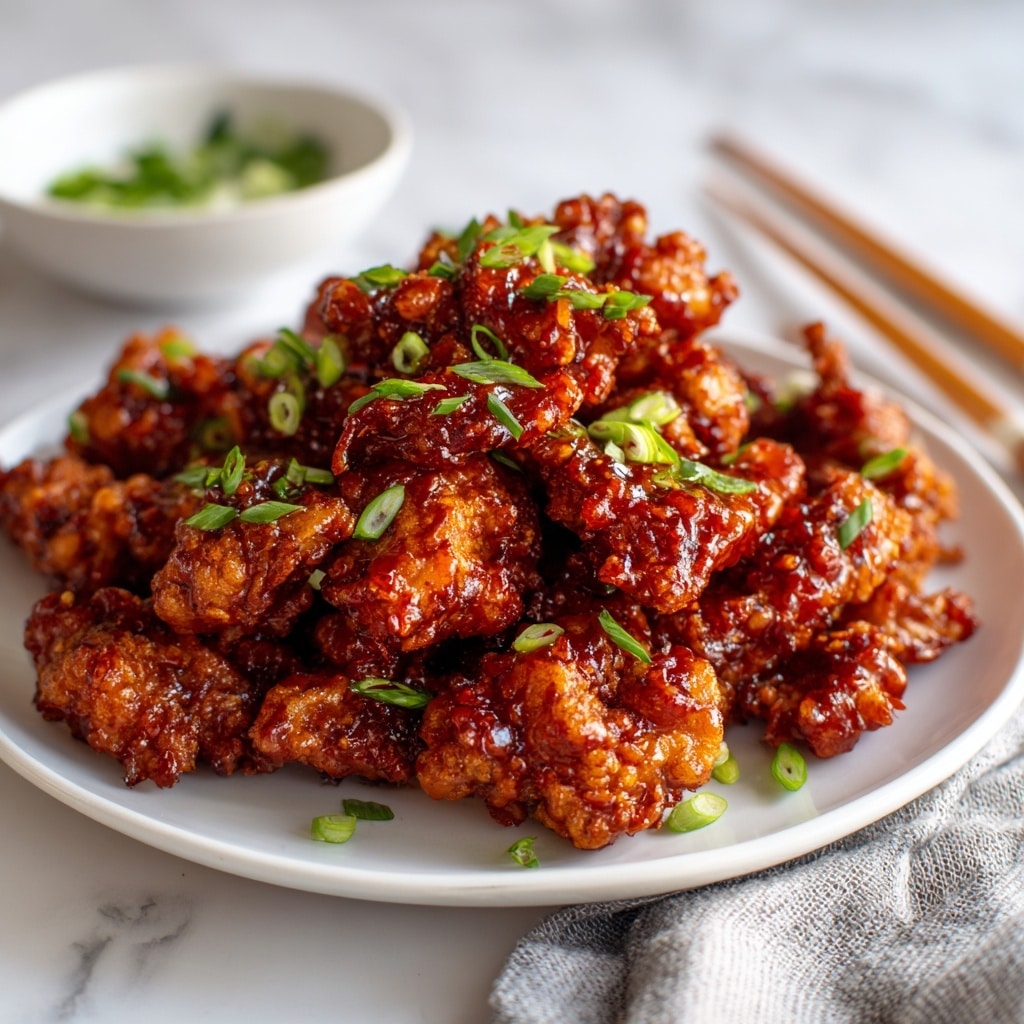 A white plate filled with many pieces of crispy fried chicken coated in a shiny reddish-brown sauce, sprinkled with light green chopped scallions scattered on top and around. In the background, a white bowl with more green scallions sits slightly out of focus on a white marbled surface, along with a pair of light brown wooden chopsticks resting below the plate. A light gray textured cloth is placed to the right edge. photo taken with an iphone --ar 4:5 --v 7