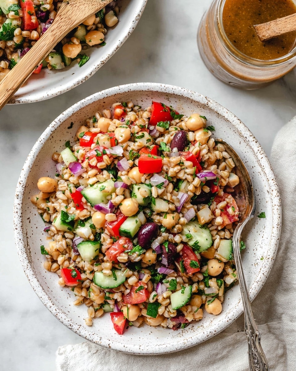 A white speckled bowl with a brown rim holds a colorful salad with multiple layers: a base of light brown grains, mixed with pale beige chickpeas, bright green cucumber chunks, deep red tomato halves, dark purple olives, small pieces of red bell pepper, and finely chopped purple onion, all mixed with fresh green herbs. A metallic spoon rests inside the bowl on the right side. The bowl is placed on a white cloth over a white marbled surface, with part of another white bowl filled with a similar salad visible at the top left corner, and a small glass jar of coarse textured dressing with a spoon inside on the top right. Photo taken with an iphone --ar 4:5 --v 7