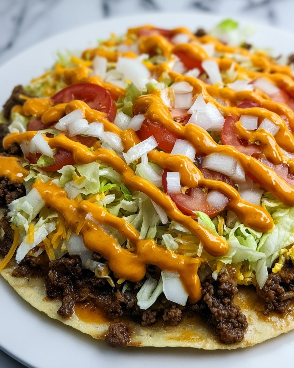 The dish is a flat tortilla base topped with a layer of shredded yellow cheese and scrambled eggs. On top, there is a layer of cooked ground beef with pieces of tomato slices and shredded light green lettuce. The whole dish is finished with chopped white onions and a drizzle of thick, bright orange sauce spread unevenly over all the layers. It is served on a white plate with a white marbled surface in the background. photo taken with an iphone --ar 4:5 --v 7