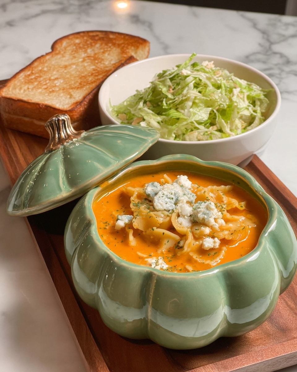 A white marbled surface holds a wooden board with a mint green ceramic pumpkin-shaped bowl filled with orange creamy lasagna soup, showing flat, wide pasta pieces and chunks of white ricotta cheese on top, the bowl’s lid resting beside it. Behind the bowl is a white round bowl filled with chopped green lettuce, shredded chicken, and dressing, next to a piece of toasted bread. In the softly lit background, a lit candle adds warm light. Photo taken with an iphone --ar 4:5 --v 7