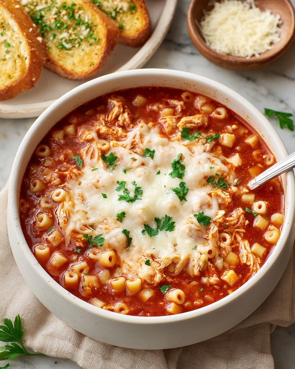A white bowl filled with a thick red tomato soup containing small pasta tubes and shredded chicken pieces mixed throughout. On top, there is a generous layer of melted and slightly browned white cheese sprinkled with finely chopped green parsley. A spoon is placed inside the bowl on the right side. In the blurred background, there are small white plates holding toasted bread slices with green herbs on top. The bowl is set on a beige cloth on a white marbled surface with some fresh parsley pieces around. Photo taken with an iphone --ar 4:5 --v 7