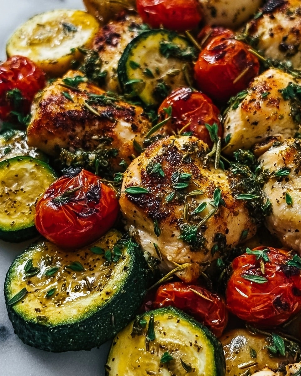 The image shows a close-up of a cooked dish with three main layers: pieces of golden-brown grilled chicken with a slightly crispy texture and herbs sprinkled on top, slices of grilled zucchini with a bright green edge and a tender, light yellow center, and roasted cherry tomatoes with a wrinkled, deep red skin. These ingredients are mixed together, giving a fresh and colorful look with green herbs scattered on top and slight char marks visible on the vegetables and chicken. The photo is set against a white marbled surface. photo taken with an iphone --ar 4:5 --v 7