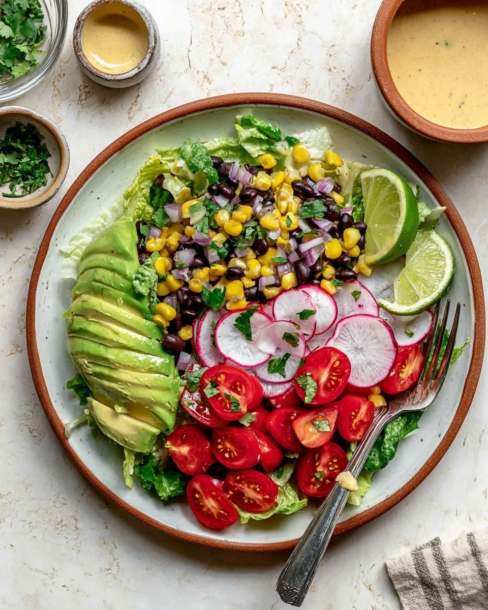 A white plate with a brown rim holds a colorful salad with four main layers: on the left side, there are evenly sliced light green avocado pieces arranged neatly; next to it is a mix of black beans, yellow corn, and small diced red onion scattered on fresh light green lettuce leaves; on the right side, thin slices of white radish with bright pink edges are layered on halved red cherry tomatoes and more leafy greens; garnishing the salad is chopped fresh dark green cilantro and two lime wedges tucked on the top right edge. A silver spoon rests on the plate, and the setting includes a small bowl with chopped herbs at the bottom and a brown bowl with creamy light yellow dressing on top, all placed on a white marbled surface cloth beside the plate. photo taken with an iphone --ar 4:5 --v 7
