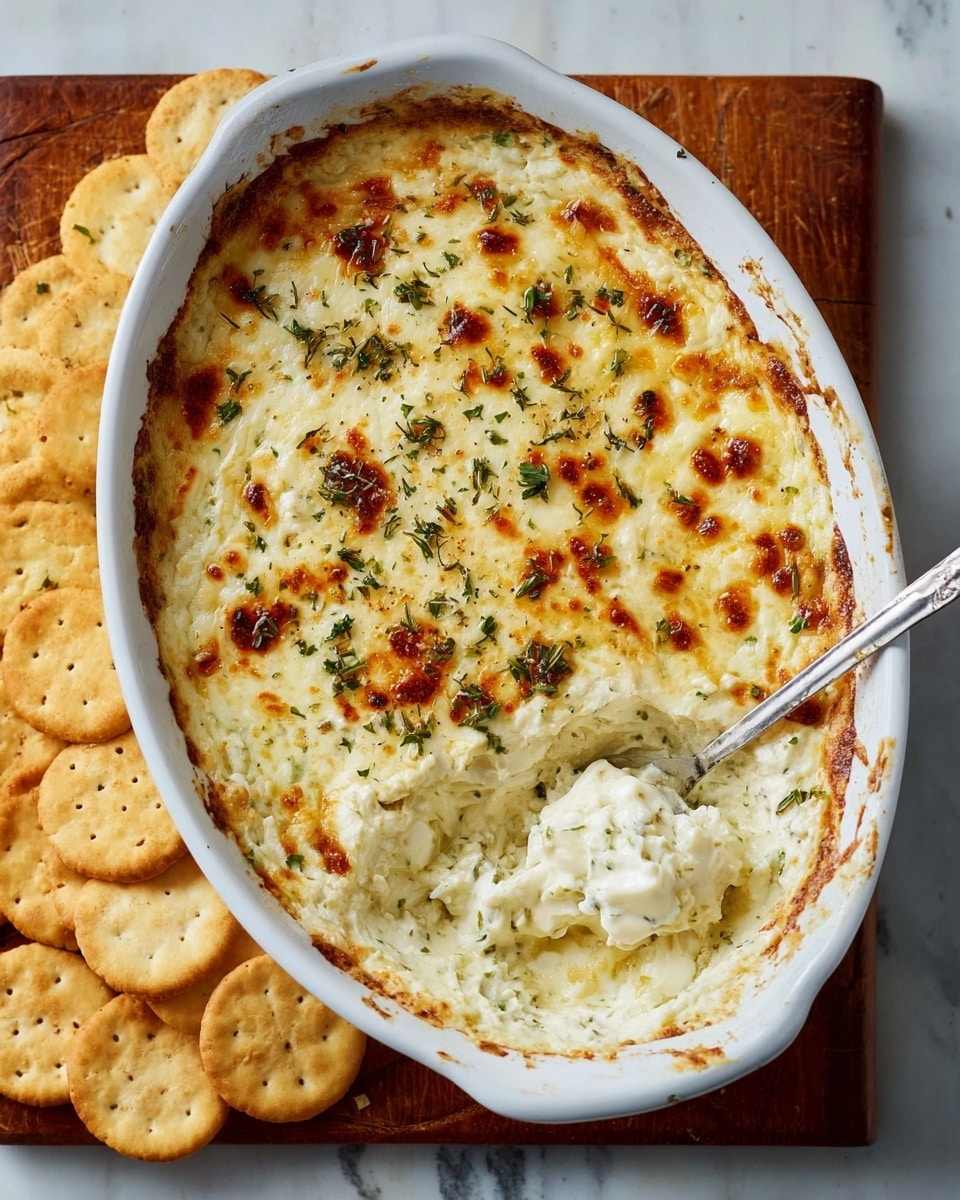 A white rectangular baking dish filled with a baked casserole that has a golden brown and bubbly cheese layer on top, dotted with small browned spots and sprinkled with fresh, finely chopped green herbs, likely dill. Below the cheese surface, the texture looks creamy and smooth, suggesting a rich sauce underneath. The dish edges show slight browning where the cheese has melted over. The whole dish is set on a white marbled surface. photo taken with an iphone --ar 4:5 --v 7