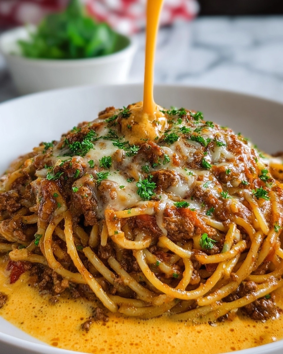 A close-up of a white bowl filled with a large mound of spaghetti coated in a thick, meaty sauce with ground beef and small bits of tomato, melted light golden cheese spread unevenly on top, and garnished with finely chopped fresh green parsley. A rich, creamy orange sauce pools around the base of the noodles, and a stream of the same sauce is being poured onto the center of the pasta. The background features a blurred white bowl with green herbs and another white container, all on a white marbled surface. Photo taken with an iphone --ar 4:5 --v 7