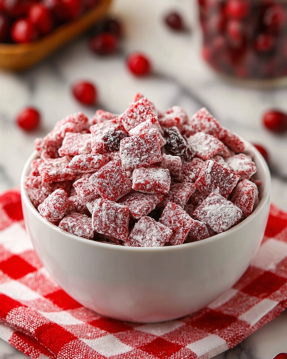A white bowl is full of small, square-shaped red cereal pieces covered with a light dusting of white powdered sugar, with a few darker red dried cranberries mixed in. The bowl sits on a red and white checkered cloth on a white marbled surface. In the background, more red cranberries are slightly out of focus. Photo taken with an iphone --ar 4:5 --v 7