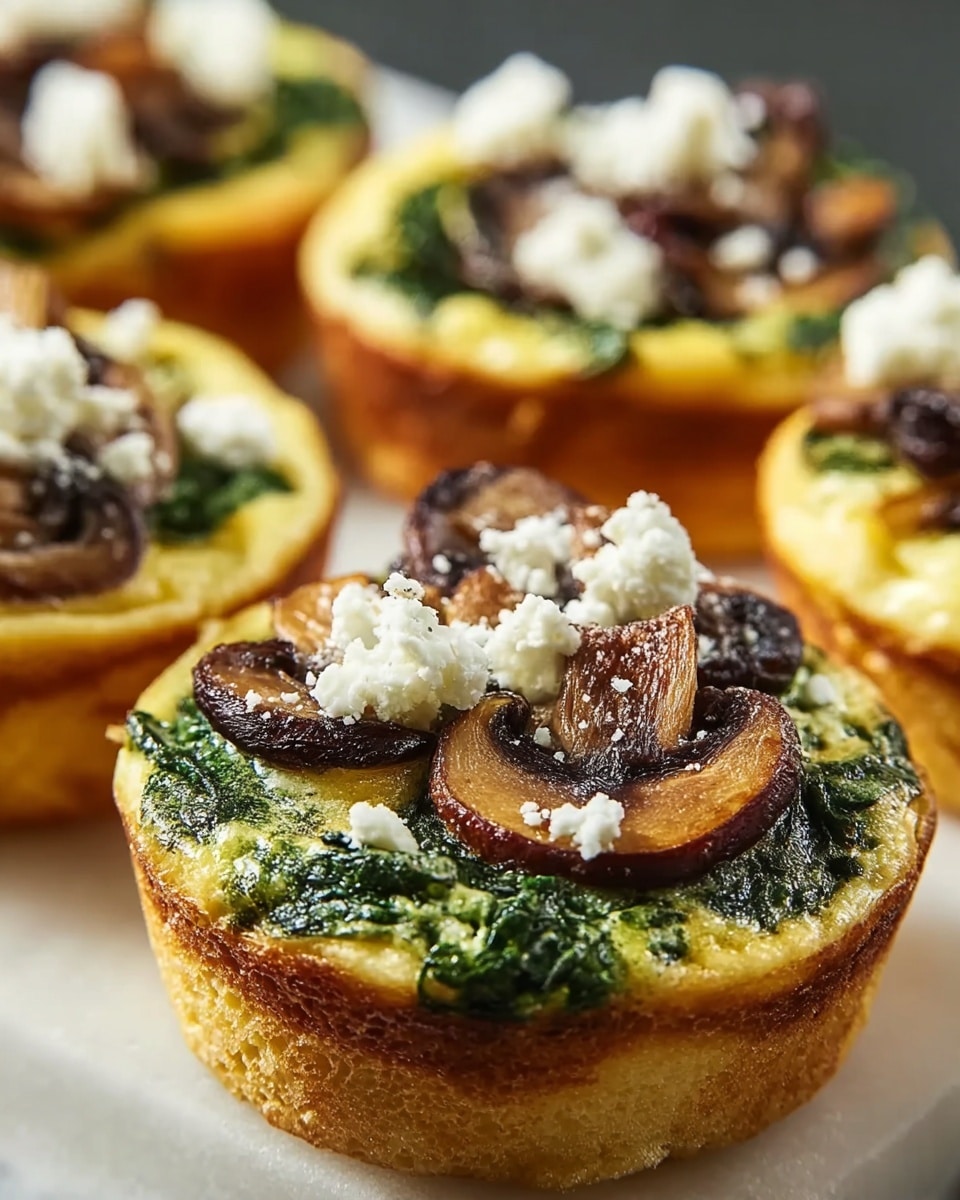 The image shows several small savory egg cups each with three layers. The bottom layer is a light golden, slightly puffy egg base that forms the main body. The middle layer contains bright green cooked spinach, spread evenly across the egg. On the top, there are dark brown, grilled mushroom slices and scattered crumbles of white cheese, likely feta, adding texture and contrast. The egg cups are inside a white muffin tin, placed on a white marbled surface. The colors are warm and earthy, with clear focus on the egg cup in the front center, slightly blurred ones in the background. photo taken with an iphone --ar 4:5 --v 7