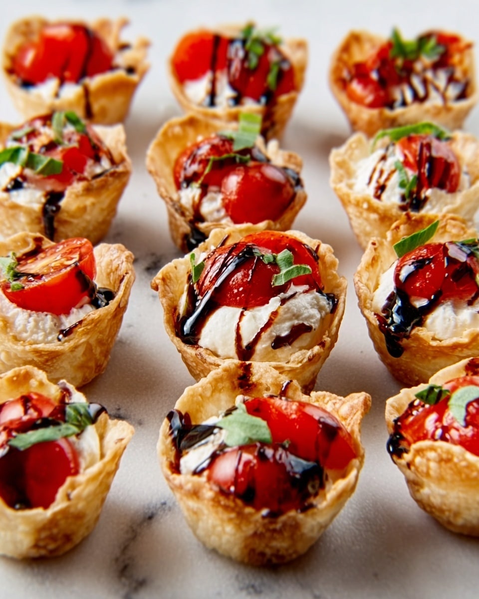 The image shows nine small cups made from a golden, crispy shell arranged on a white marbled surface. Each cup is filled with soft, white cheese or cream with a smooth texture, topped with bright red tomato pieces and small green herb leaves. The tomato pieces add a fresh and juicy look, while the cheese inside looks creamy and thick. Thin brown lines of balsamic glaze or sauce are drizzled over the top, adding a shiny contrast to the bright colors. The small cups are evenly spaced, creating a neat and tempting presentation. Photo taken with an iphone --ar 4:5 --v 7