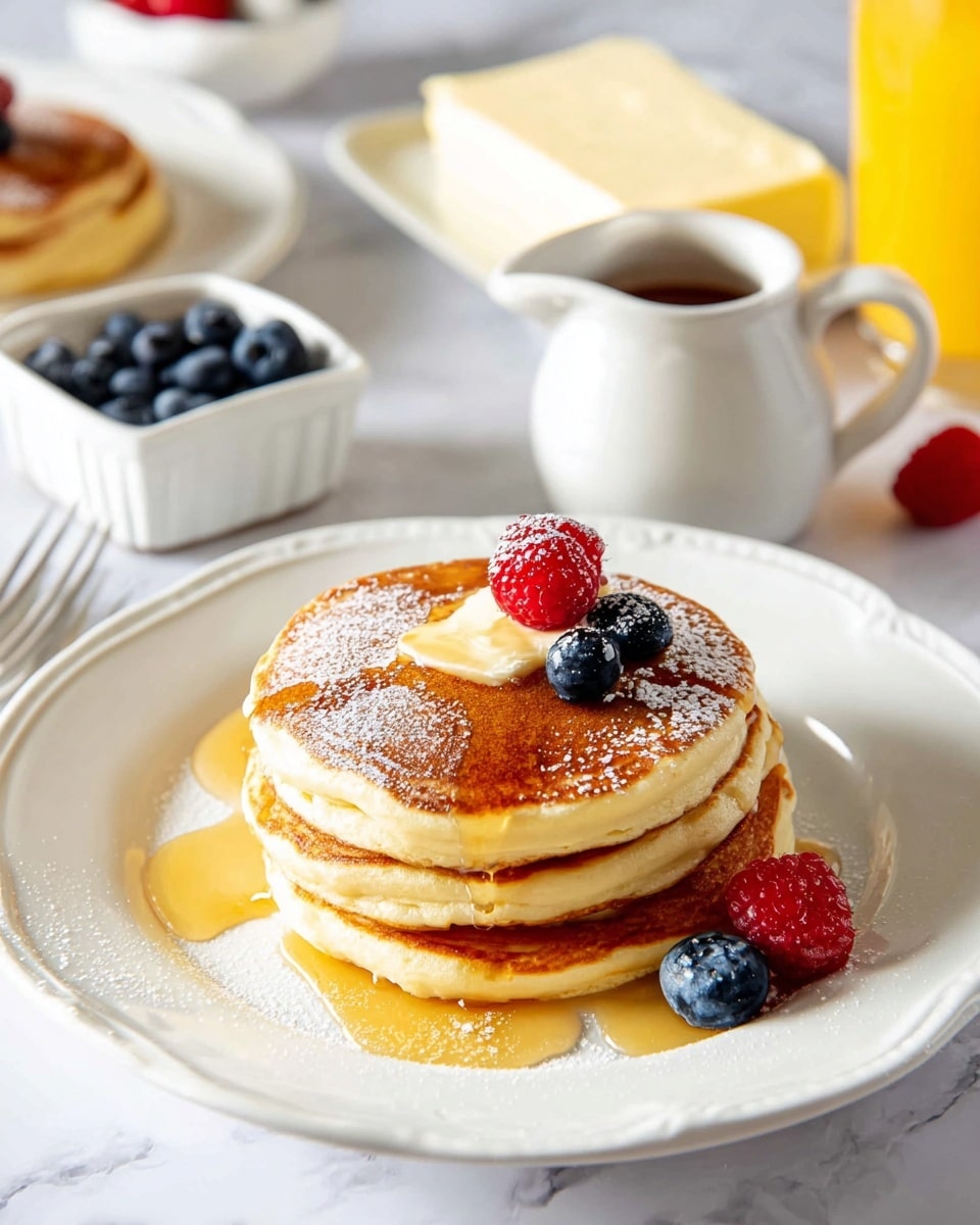 A stack of three golden brown pancakes sits in the center of a white plate, each pancake fluffy with a light texture and light bubbly edges. On top of the stack, there is a square of melting butter with syrup being poured over it, creating a shiny amber layer that drips down the sides. A single red raspberry and a plump blue blueberry rest beside the butter, while additional raspberries and blueberries are placed loosely around the pancakes on the plate, dusted lightly with powdered sugar for a soft white touch. In the background, a glass of bright orange juice and another plate of pancakes with berries are visible, all set on a white marbled surface. photo taken with an iphone --ar 4:5 --v 7