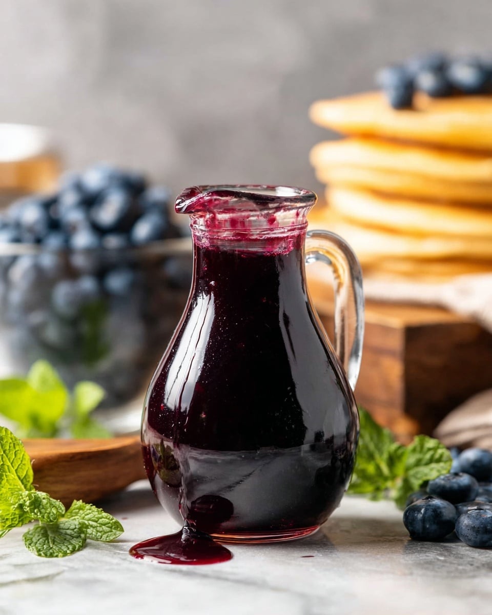 A clear glass jug filled with thick, dark purple blueberry syrup is centered on a wooden surface, with drips of syrup around its wide spout and a handle on the side. Nearby, fresh blueberries and bright green mint leaves are scattered, adding color contrast. In the background, there is a stack of golden brown pancakes slightly blurred, and a glass bowl filled with blueberries. The setting is bright with a soft gray backdrop and a white marbled texture surface. photo taken with an iphone --ar 4:5 --v 7