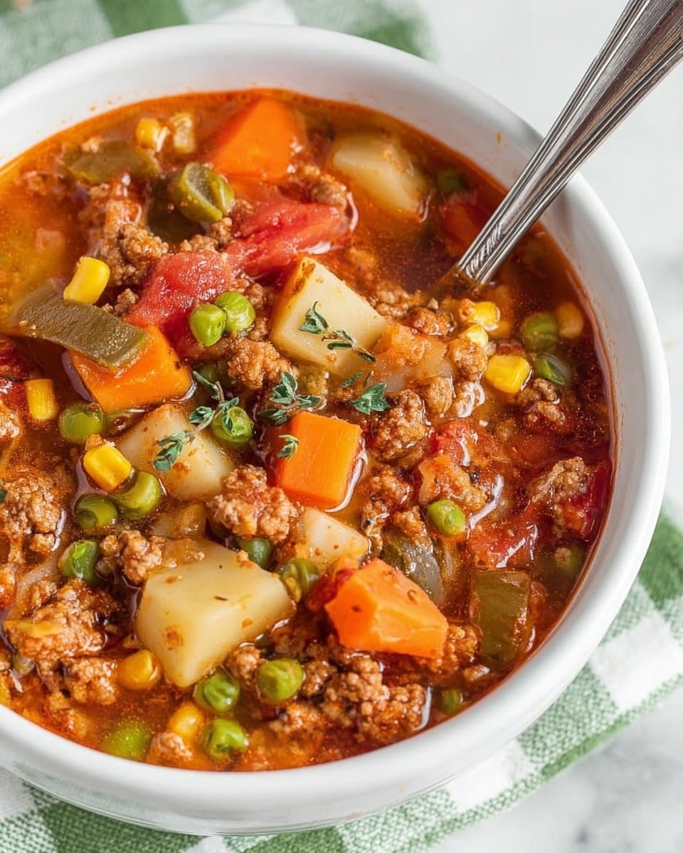 The image shows a white bowl filled with hearty soup placed on a white marbled surface. The soup has several layers: bright orange carrot chunks, pale yellow potato pieces, green peas, corn kernels, reddish tomato pieces, and browned ground meat mixed throughout. Some fresh green herbs are sprinkled on top, adding color contrast. A silver spoon is partially submerged in the soup, lifting a mixed spoonful of ingredients. The soup looks thick with a rich reddish broth visible beneath the solid pieces. photo taken with an iphone --ar 4:5 --v 7