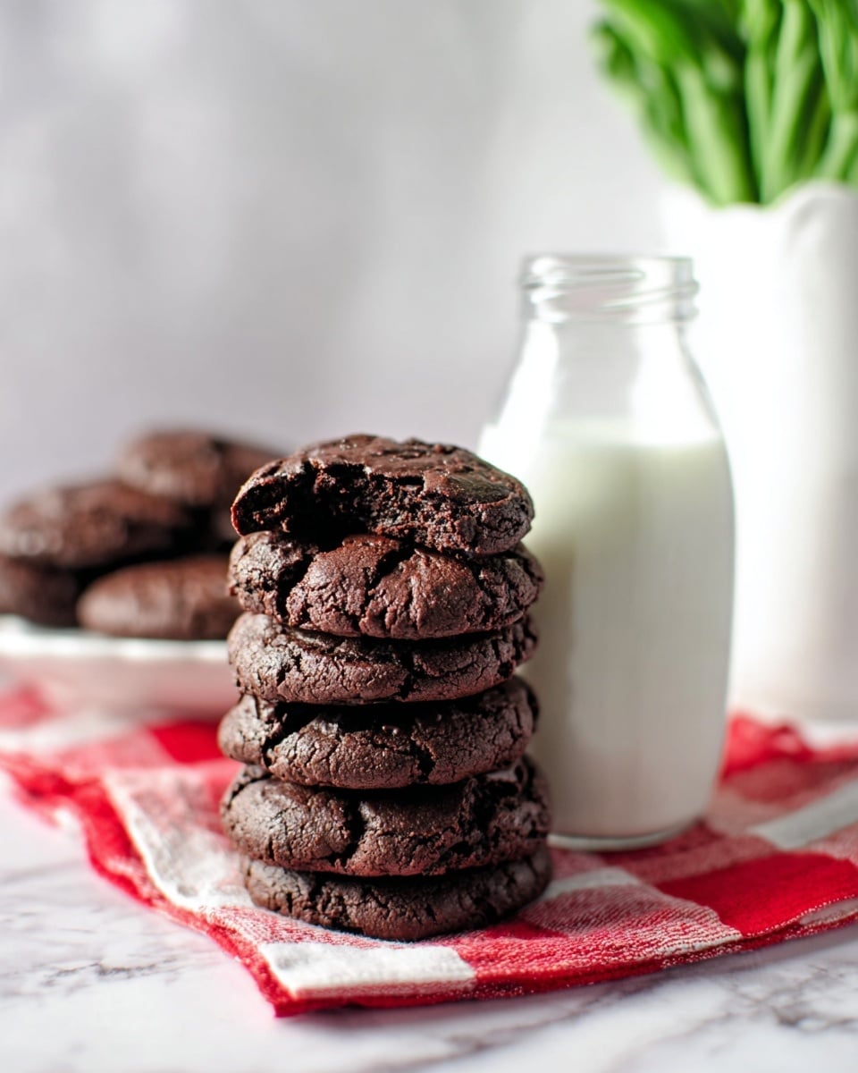 A stack of five dark, rich chocolate cookies with a rough and slightly cracked texture sits on a white marbled surface, with the top cookie showing a bite taken out, revealing a softer inside. Behind the stack, a white plate holds more cookies blurred in the background. A white bottle of milk is placed on the right side, with condensation visible on its surface. A red and white checkered cloth is casually draped under and beside the cookies. The backdrop is soft and blurred with green and red colors, adding a cozy feel to the scene. Photo taken with an iphone --ar 4:5 --v 7