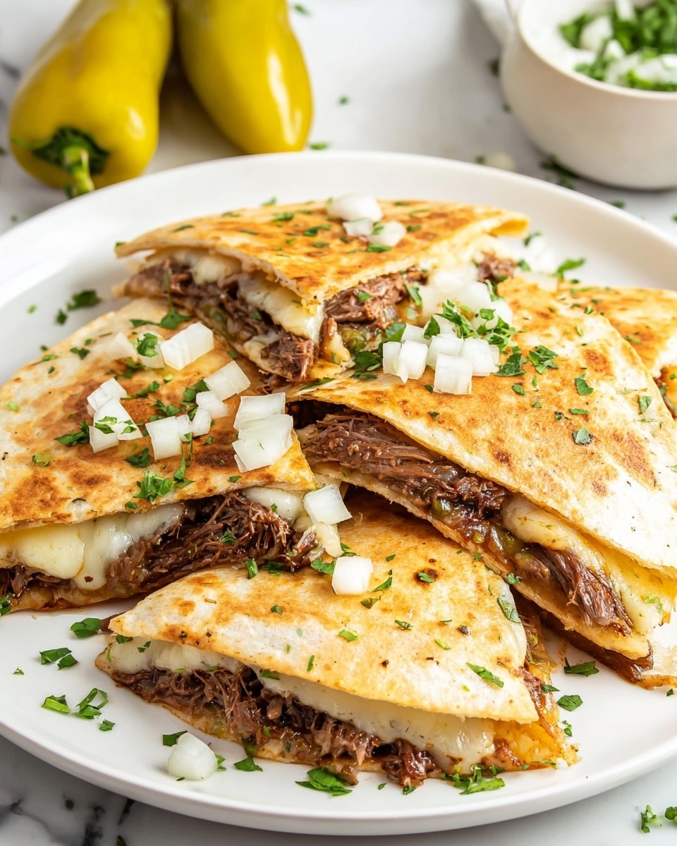 A white plate holds several triangular quesadillas, each showing two layers: a light golden, slightly browned tortilla on the outside and inside, a creamy white cheese layer, and a shredded dark brown meat layer beneath it. The quesadillas are garnished with chopped white onions and bright green chopped herbs sprinkled over the top. In the background, two whole yellow-green peppers rest on the plate. The setup is on a white marbled surface. photo taken with an iphone --ar 4:5 --v 7