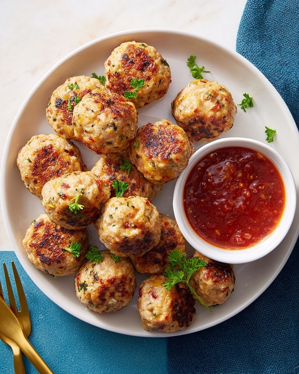 A white round plate on a white marbled surface holds about a dozen golden-brown meatballs with visible bits of herbs and red pepper, garnished with chopped green parsley. To the right side of the plate, a white bowl filled with a chunky red dipping sauce is placed. A blue cloth napkin with two gold forks rests beside the plate on the surface. The lighting is bright, showing the texture and grill marks of the meatballs clearly. Photo taken with an iphone --ar 4:5 --v 7