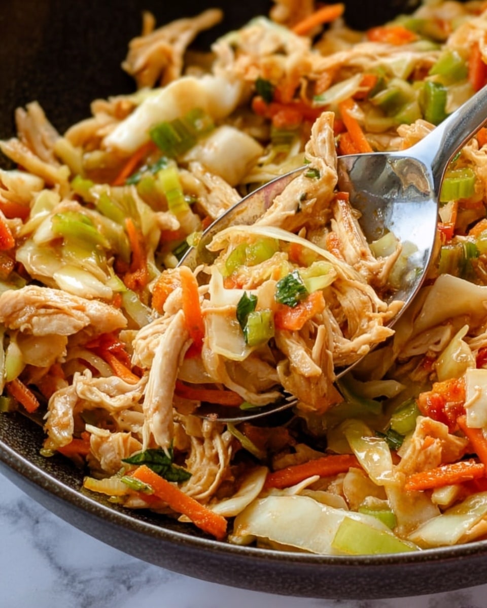 A deep black bowl filled with a colorful shredded chicken salad is placed on a wooden surface next to a small white bowl of peanuts and a dark brown cloth napkin. The salad has visible layers of shredded cooked chicken pieces in light orange with some green herbs, thin strips of green celery, orange carrot shreds, and light shredded cabbage, all mixed together with a slightly glossy texture indicating dressing. A silver spoon rests inside the bowl on the right side, partially covered by the salad, ready to serve. The photo taken with an iphone --ar 4:5 --v 7