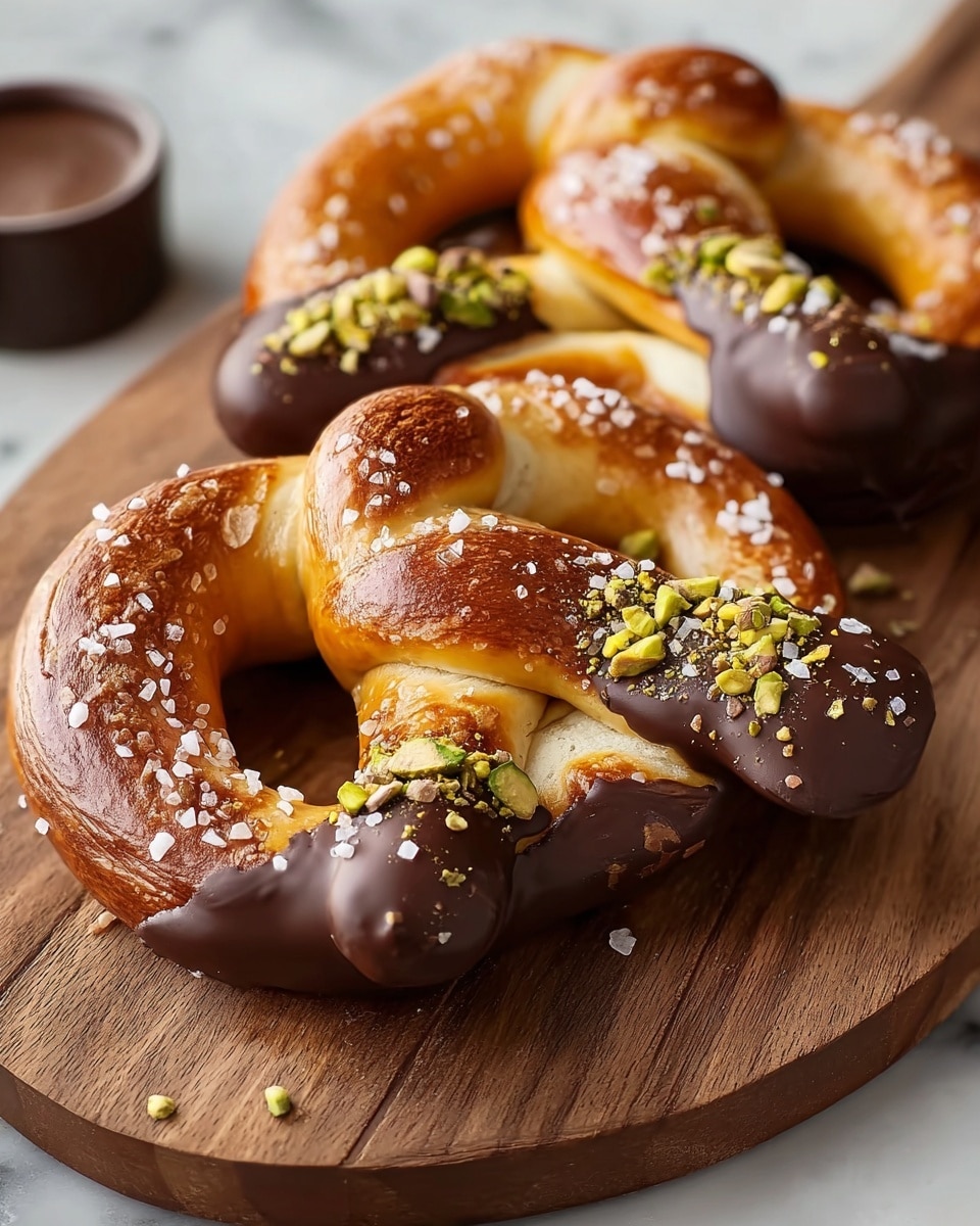 Two soft pretzels sit on a wooden board, each twisted into a classic knot shape with a shiny, golden-brown crust. The ends of both pretzels are dipped in smooth, dark chocolate which pools slightly at the bottom edges. Large white salt crystals are sprinkled over the surface, adding texture and contrast to the rich brown dough. One pretzel is decorated with small green pistachio bits and whole pistachio nuts scattered on top, giving a vibrant touch. The wooden board rests on a white marbled surface, highlighting the warm tones of the pretzels. photo taken with an iphone --ar 4:5 --v 7