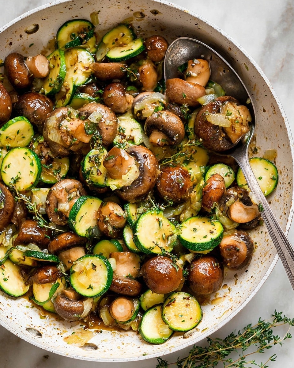 The image shows a white pan filled with sautéed vegetables, mainly brown mushrooms and green zucchini slices. The mushrooms are whole and browned with a shiny texture from the cooking oil, and the zucchini is cut into thick half-moon shapes, slightly cooked but still firm and vibrant green. Small bits of cooked onion and chopped herbs are sprinkled throughout, adding texture and color. A silver spoon rests in the pan, scooping some of the vegetables, and a few sprigs of fresh thyme lie beside the pan on a white marbled surface. The dish looks fresh, warm, and cooked with care, with a slightly glossy sauce coating the vegetables. photo taken with an iphone --ar 4:5 --v 7