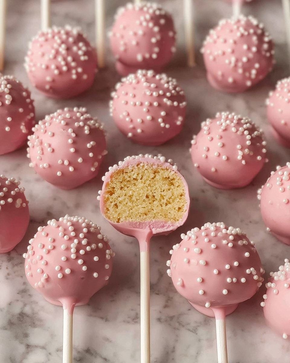 The image shows several round cake pops arranged in neat rows on a white marbled surface. Each cake pop has a smooth, shiny pink coating sprinkled with small white round beads, giving a textured look. One cake pop near the center is bitten or cut, revealing a dense, moist, yellow cake inside. The cake pops are all mounted on white sticks that extend downward in straight lines, creating a uniform pattern. photo taken with an iphone --ar 4:5 --v 7