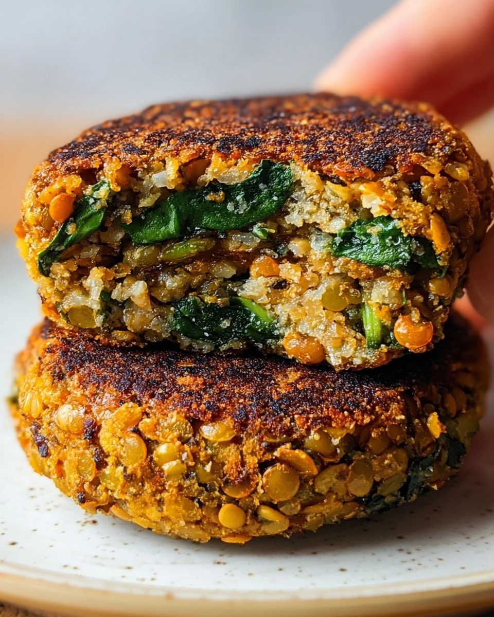 Two thick, round lentil patties are stacked on a white plate with a white marbled texture background. The top patty is cut in half, showing three layers: a golden-brown crispy outer crust with a rough texture, a middle layer with green spinach leaves intertwined with soft cooked lentils, and a slightly softer inner core that is light brown with visible bits of cooked onion. The patties have a warm, toasted appearance with a mix of green and orange lentils visible on their surface. A woman's hand gently holds the edge of the top patty from the right side. photo taken with an iphone --ar 4:5 --v 7