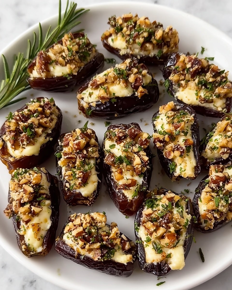 The image shows a white plate filled with about fourteen stuffed dates, each cut in half and filled with three distinct layers: the dark brown, wrinkled outer date skin; a middle layer of creamy white filling; and a top layer of finely chopped light brown nuts mixed with green herbs, giving a crunchy textured look. The dates are arranged close together, and there is a small rosemary sprig placed on the plate as decoration. The plate is set on a white marbled surface. photo taken with an iphone --ar 4:5 --v 7