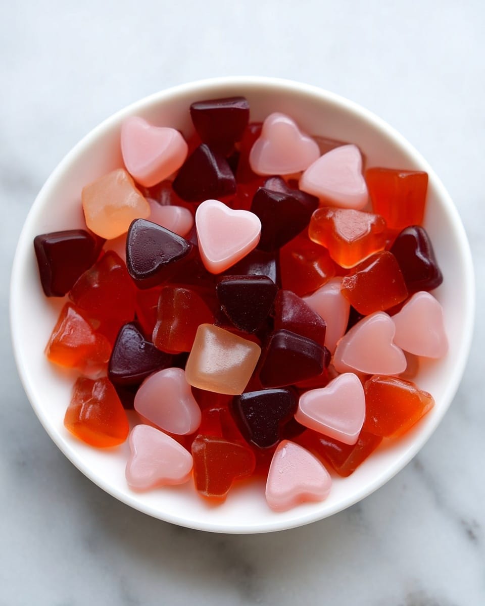 A white bowl filled with small, heart-shaped and square gummy candies. The candies have three main colors: light pink, dark red, and translucent orange-red. They are mixed evenly, showing smooth and shiny textures with a soft, gel-like appearance. The bowl sits on a white marbled surface, and the candy pieces are piled up, covering the entire bowl opening. photo taken with an iphone --ar 4:5 --v 7