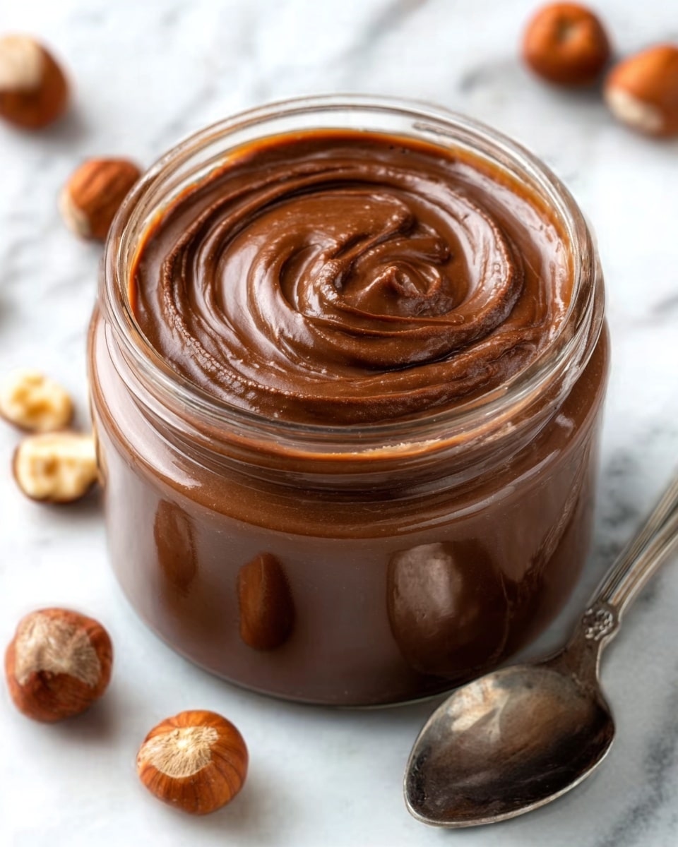 A glass jar filled with smooth, creamy chocolate spread with a dark brown color, its surface decorated with swirling patterns. The jar sits on a white marbled surface, and nearby are small pieces of hazelnuts and a metal spoon with some chocolate spread on it, adding texture and detail to the scene. The overall look is rich and inviting, highlighting the glossy finish of the chocolate spread. photo taken with an iphone --ar 4:5 --v 7